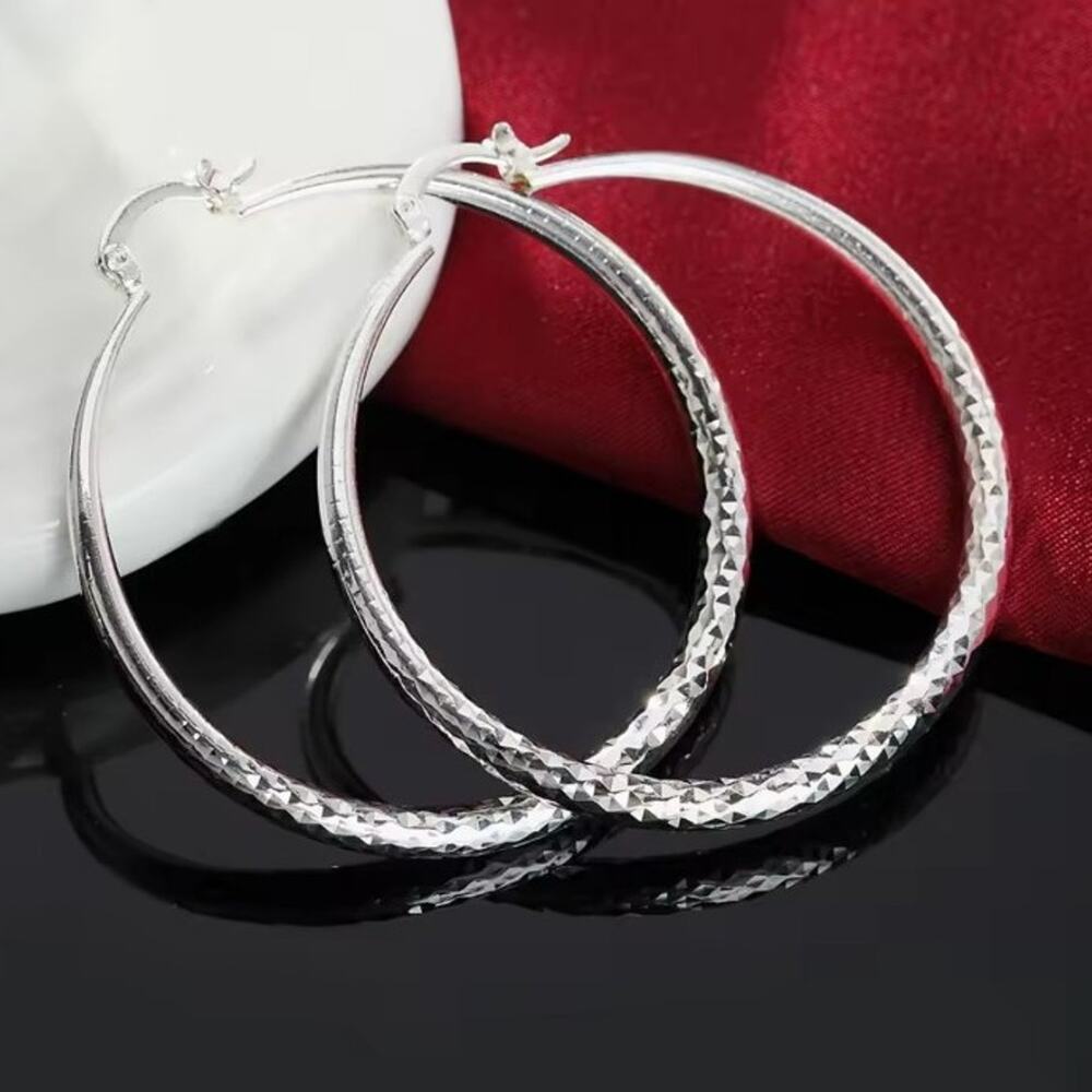 925 Sterling Silver Hoop Earrings 2.5in. Disco 90s Y2K Women's Valentine's Gift